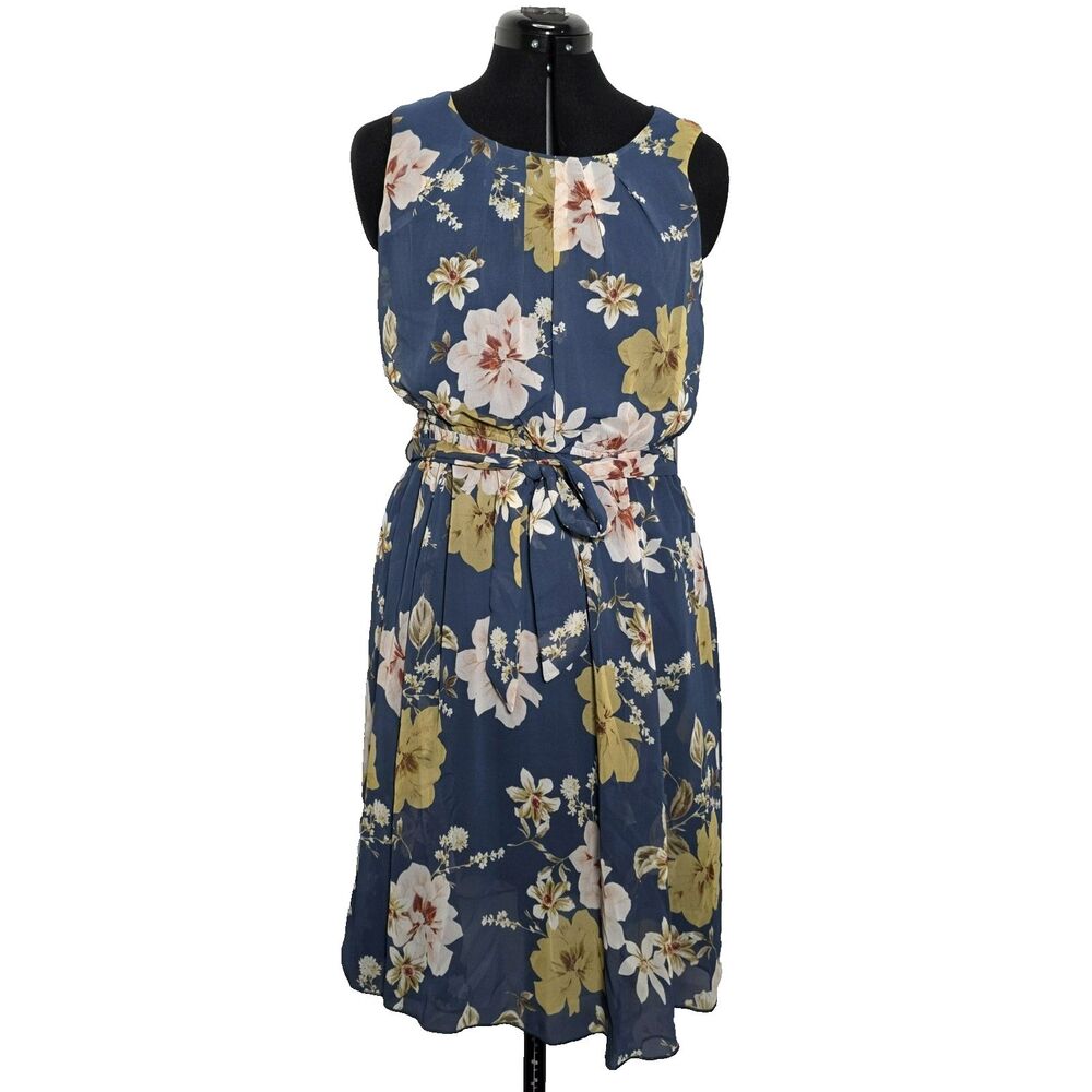 Enfocus Studio Womens 6 Blue Floral A‑Line Dress Sleeveless Belted Summer